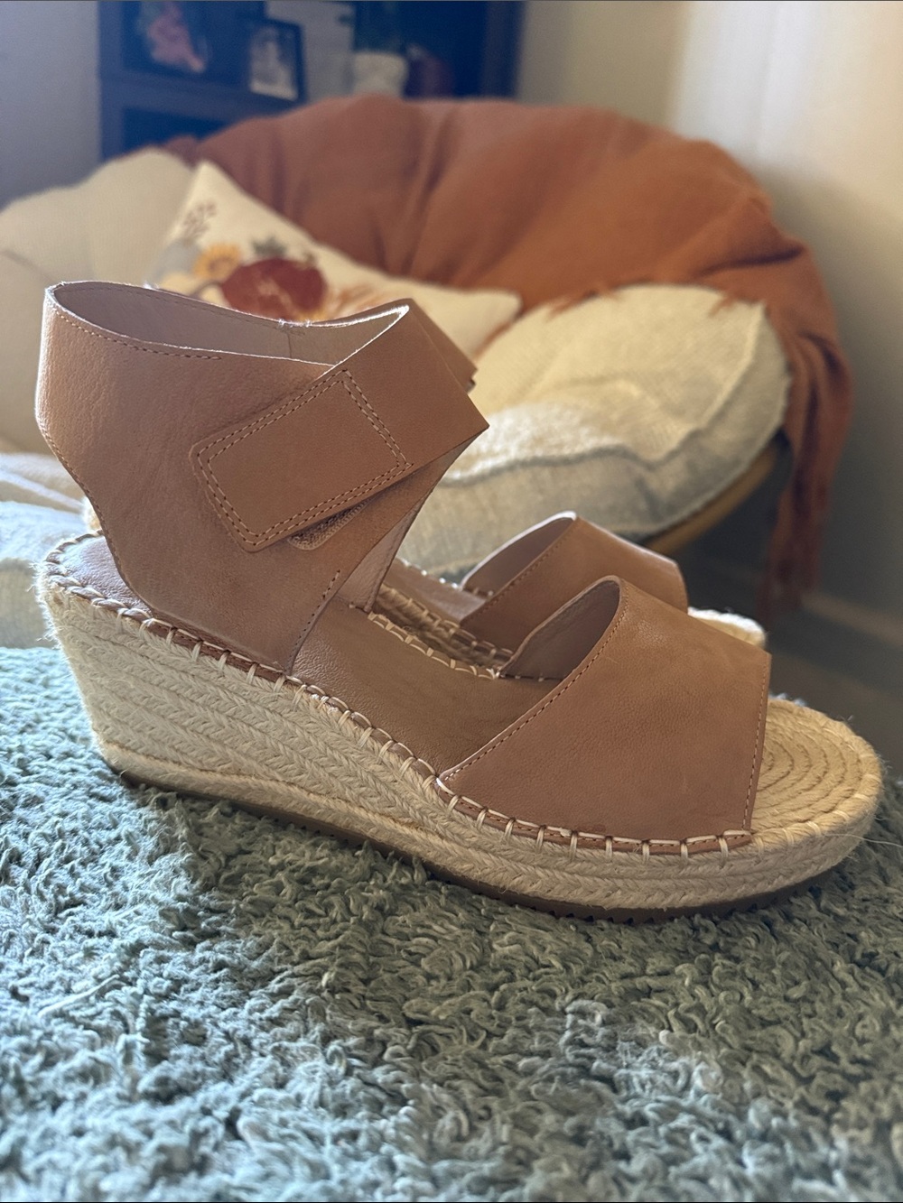 Eileen Fisher Tan Leather Espadrille Wedge Sandals
